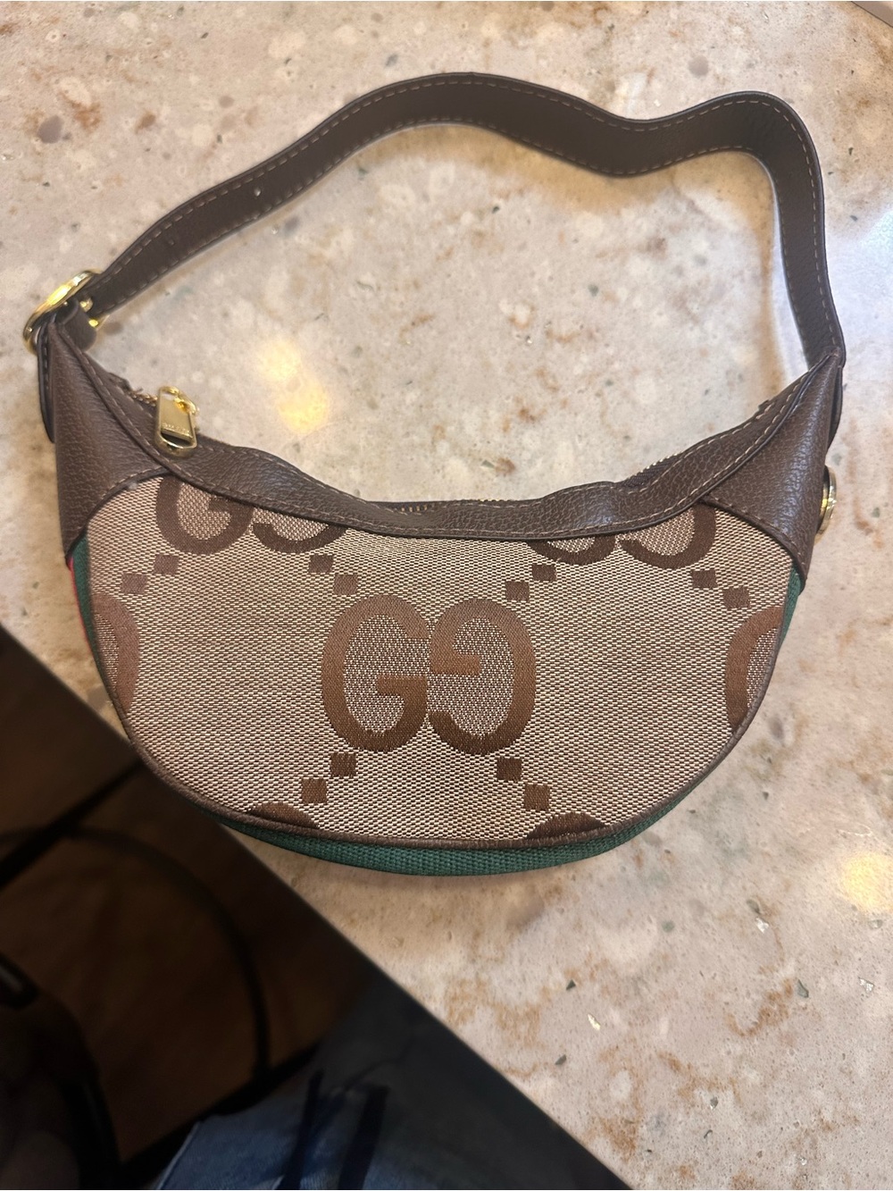 Source Unknown Brown Monogram Mini Crescent Bag with Green Trim
